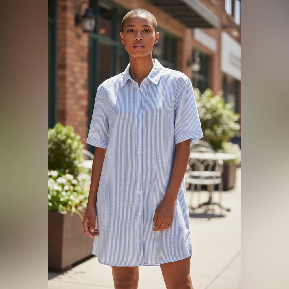TAHARI Blue White Striped Linen Shirt Dress Large pockets Beach Classic